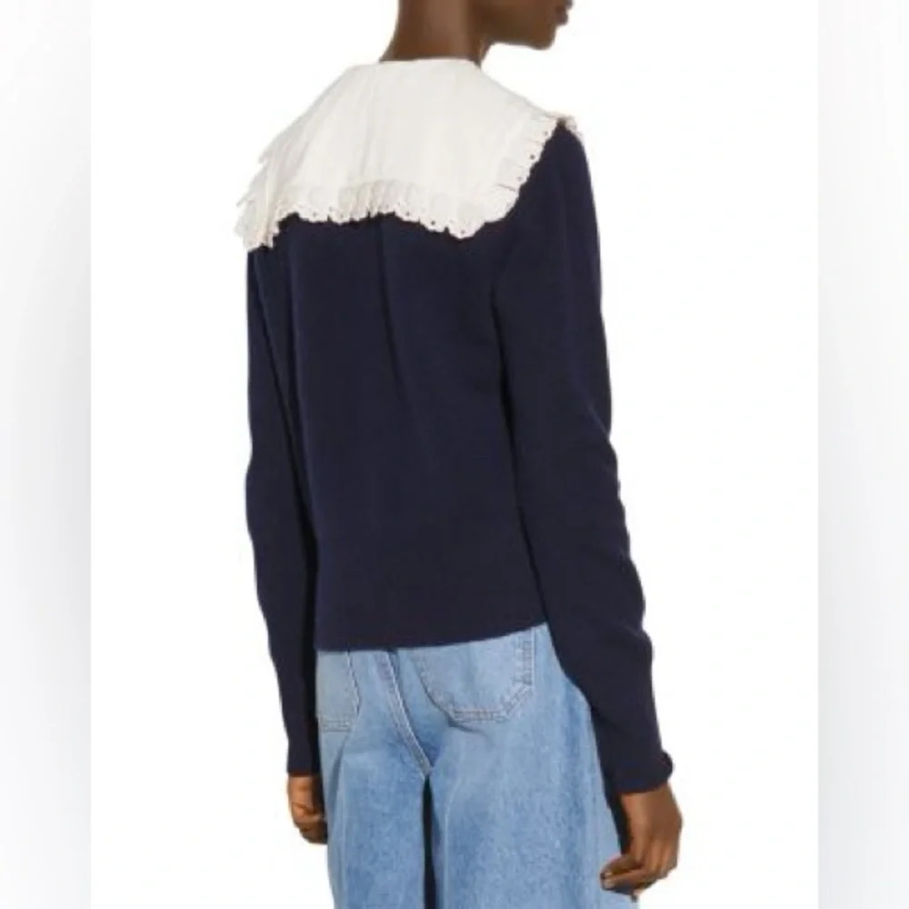 Sandro Sivane Navy Blue 100% Wool Pilgrim Broderie Trim Collar Sweater Size 2(S) - Picture 3 of 10
